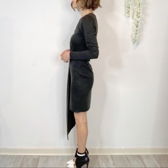 NWT BAR III black long sleeve dress asymmetrical hem draped panel 2087 - Picture 2 of 13
